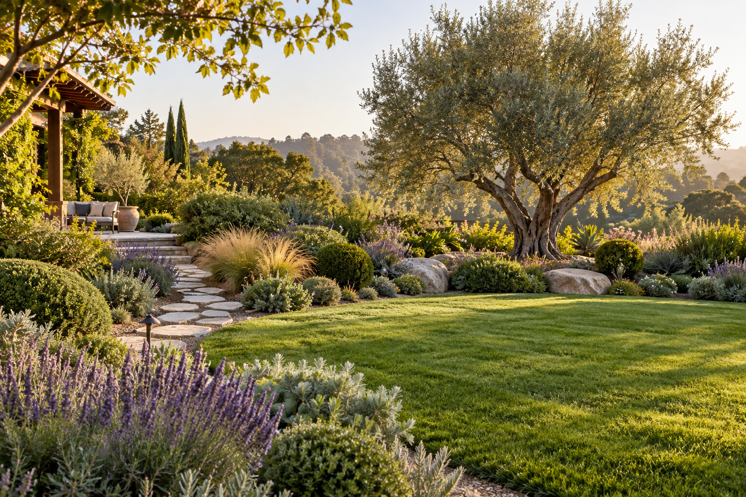 A sunlit garden with a lawn, mature trees and planted borders
